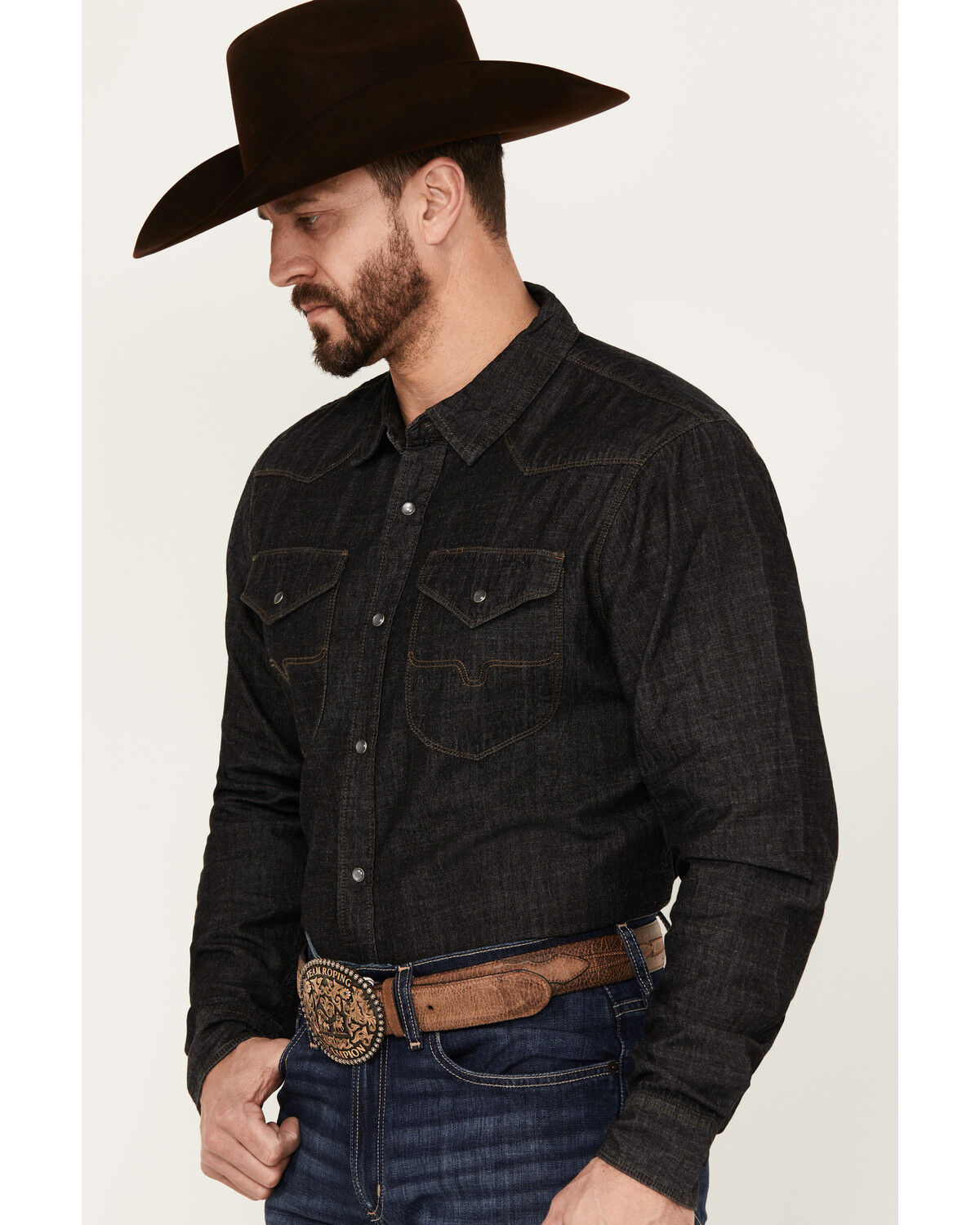 Image #2 - Kimes Ranch Men's Grimes Wash Denim Long Sleeve Pearl Snap Western Shirt, Black, hi-res