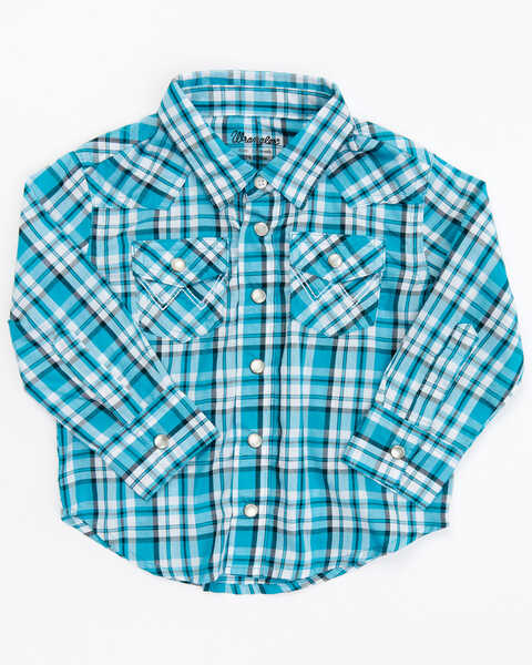 Image #1 - Wrangler Infant Boys' Plaid Print Long Sleeve Pearl Snap Western Shirt, Teal, hi-res