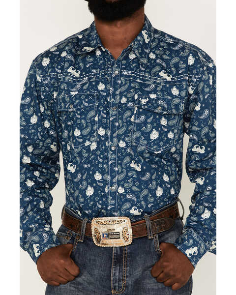 Image #3 - Cowboy Hardware Men's Paisley Print Long Sleeve Pearl Snap Western Shirt, Blue, hi-res
