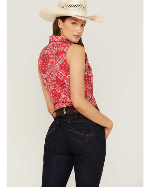 Wrangler Women's Americana Paisley Print Sleeveless Western Snap Shirt, Red/white/blue, hi-res