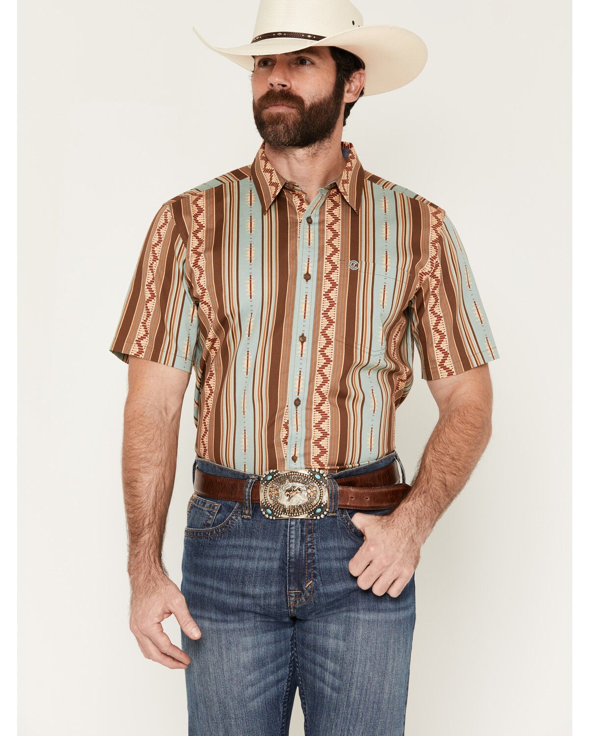 Cody James Men's Southwestern Stripe Print Short Sleeve Button-Down Stretch Western Shirt, Brown, hi-res