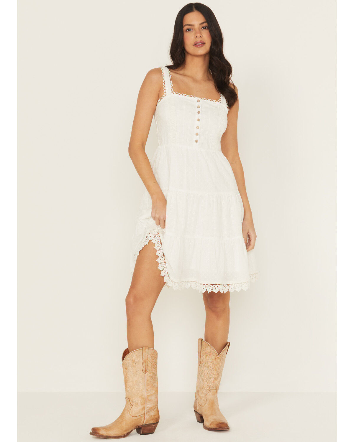 Image #1 - Miss Me Women's Eyelet Tiered Mini Dress, White, hi-res