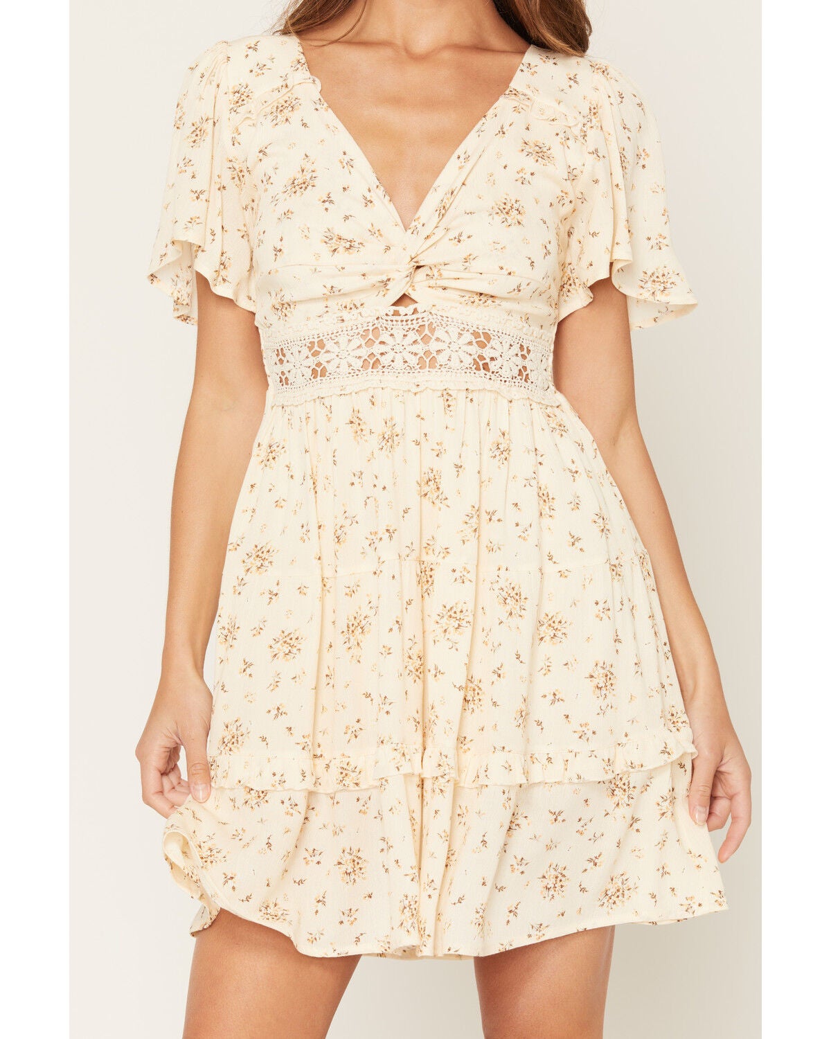 Image #3 - Wild Moss Women's Floral Print Crochet Inset Mini Dress, Cream, hi-res