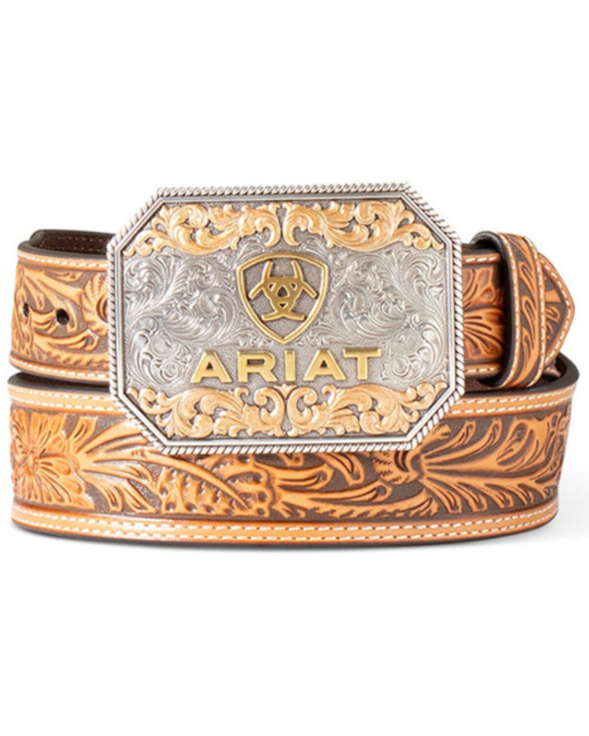 Ariat Men's Floral Embossed Leather Buckle Belt, Tan, hi-res