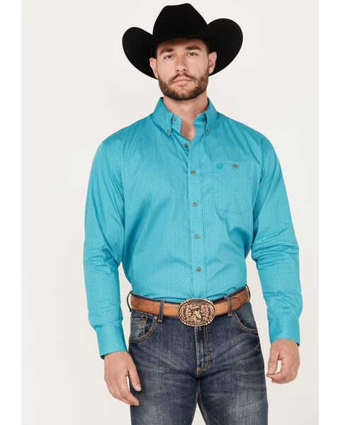 Image #1 - George Strait by Wrangler Men's Geo Print Long Sleeve Button-Down Western Shirt, Turquoise, hi-res