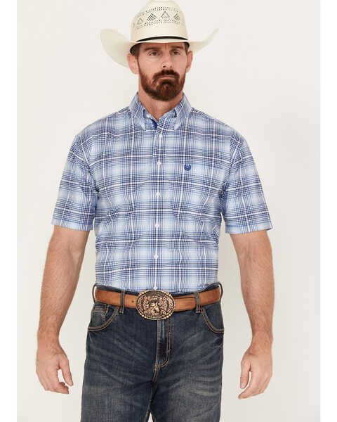Image #1 - Rough Stock by Panhandle Men's Ombre Plaid Print Short Sleeve Button-Down Western Shirt, Blue, hi-res