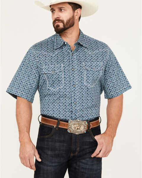Image #1 - Wrangler 20X Men's Advanced Comfort Geo Print Short Sleeve Snap Western Shirt, Dark Blue, hi-res