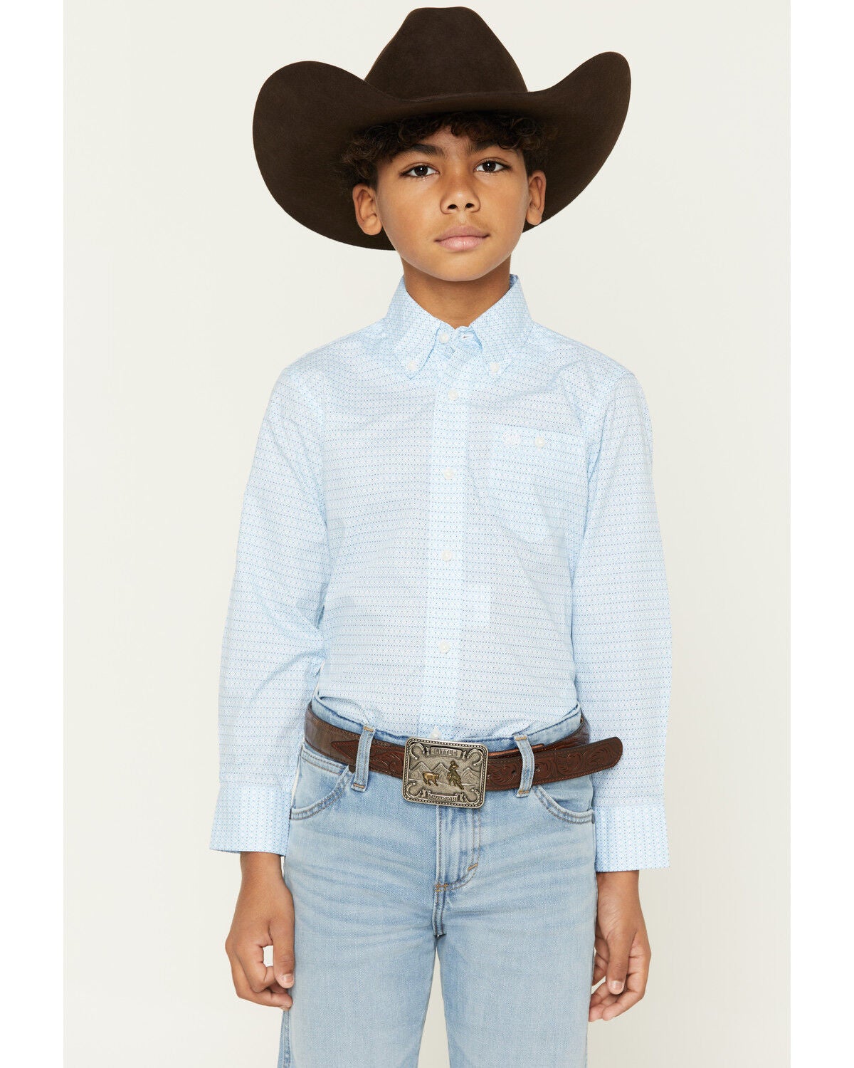 Image #1 - Wrangler Boys' Geo Print Long Sleeve Button-Down Western Shirt, Blue, hi-res
