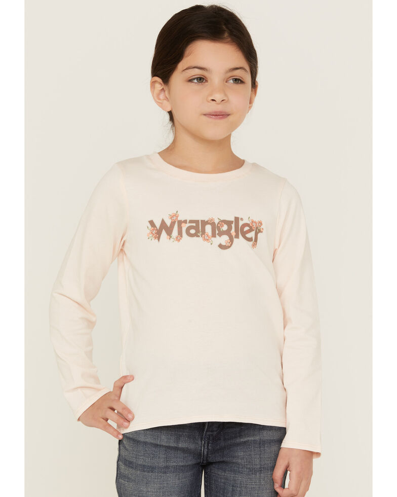 Wrangler Girls' Floral Logo Long Sleeve Tee, Pink, hi-res