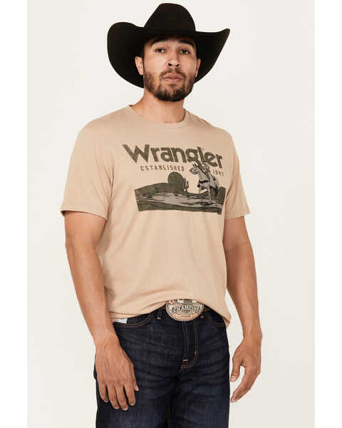 Image #1 - Wrangler Men's Boot Barn Exclusive Desert Logo Short Sleeve Graphic T-Shirt , Sand, hi-res