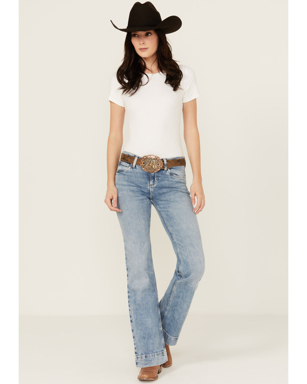 Image #1 - Wrangler Retro Women's Kacey Medium Wash Mid Rise Mae Wide Leg Trouser Stretch Denim Jeans, Medium Wash, hi-res