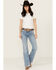 Image #1 - Wrangler Retro Women's Kacey Medium Wash Mid Rise Mae Wide Leg Trouser Stretch Denim Jeans, Medium Wash, hi-res