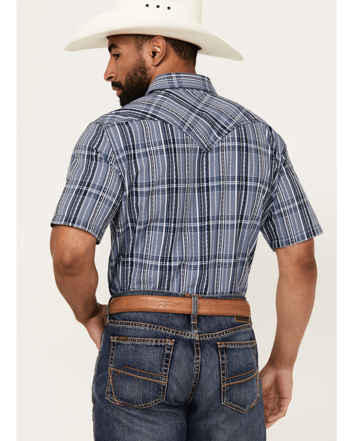 Image #4 - Cody James Men's Blue Lights Plaid Print Short Sleeve Snap Western Shirt, Light Blue, hi-res