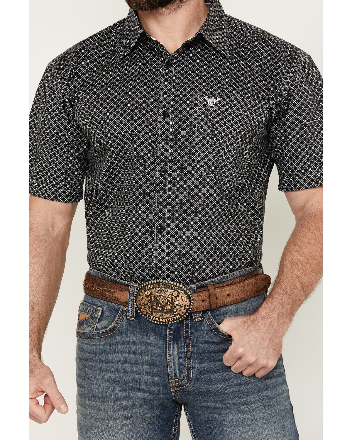 Image #3 - Cowboy Hardware Men's Geo Floral Print Short Sleeve Button-Down Western Shirt, Black, hi-res