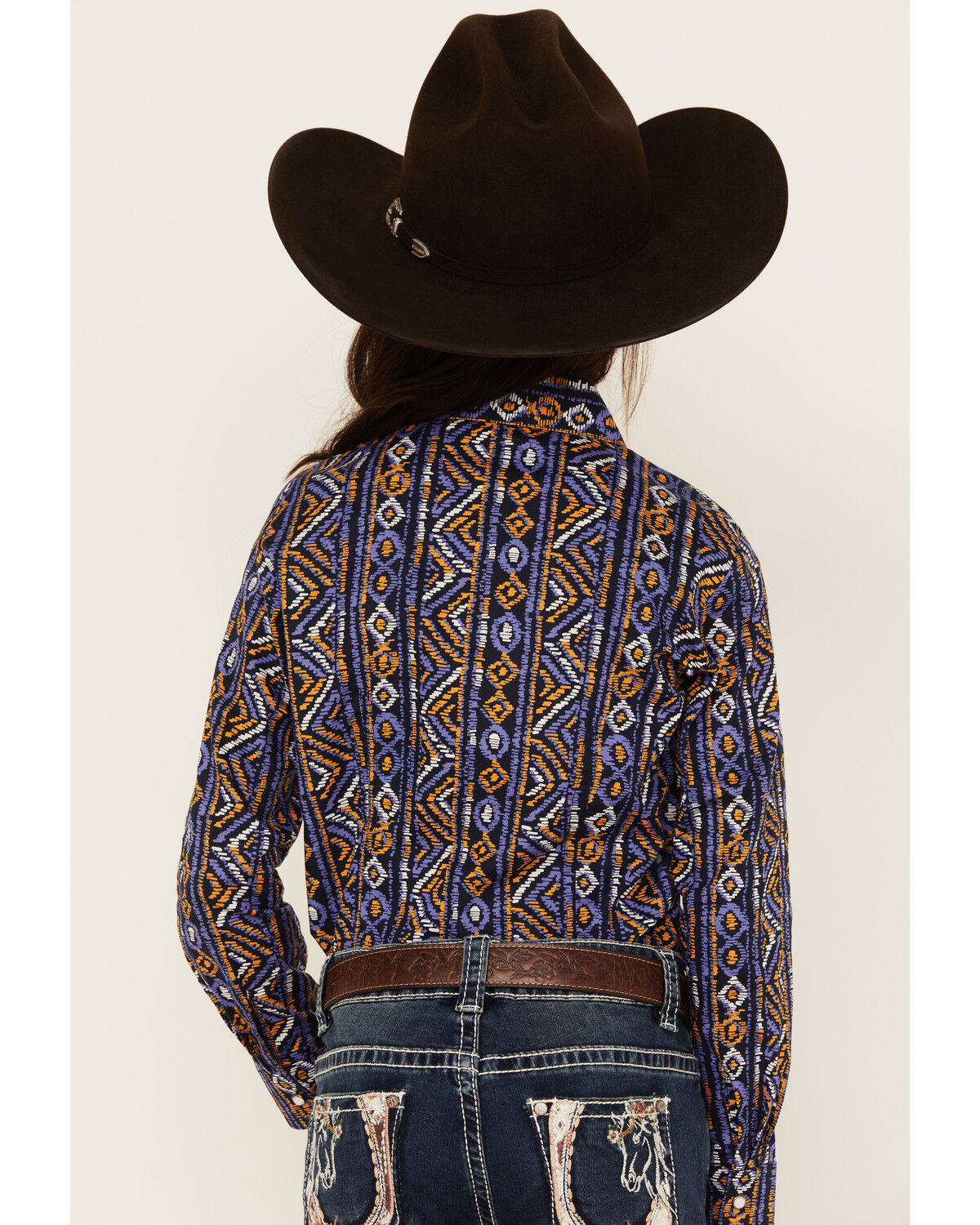 Image #4 - Cruel Girl Girls' Southwestern Stripe Print Long Sleeve Snap Western Shirt, Navy, hi-res