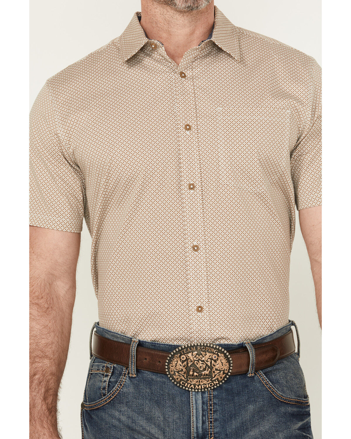 Image #2 - Cody James Men's Grill And Greet Geo Print Short Sleeve Button-Down Stretch Western Shirt, Tan, hi-res