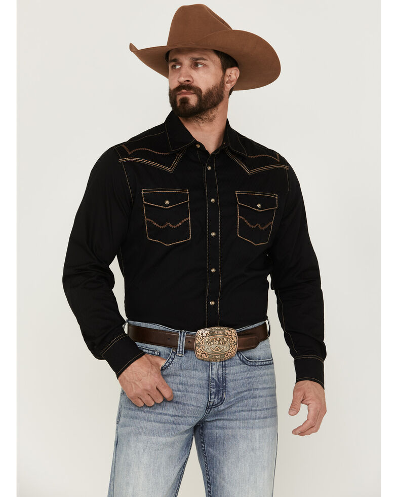 Rock 47 By Wrangler Men's Solid Black Embroidered Long Sleeve Snap Western Shirt , Black, hi-res