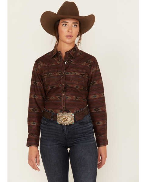 Image #1 - Cumberland Outfitters Women's Southwestern Stripe Print Long Sleeve Snap Western Shirt, Burgundy, hi-res