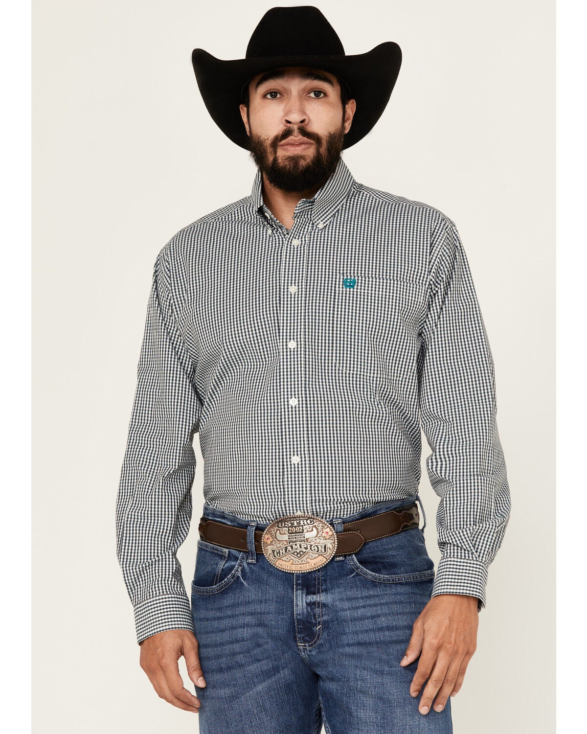 Image #1 - Cinch Men's Checkered Print Long Sleeve Button-Down Stretch Western Shirt, Teal, hi-res