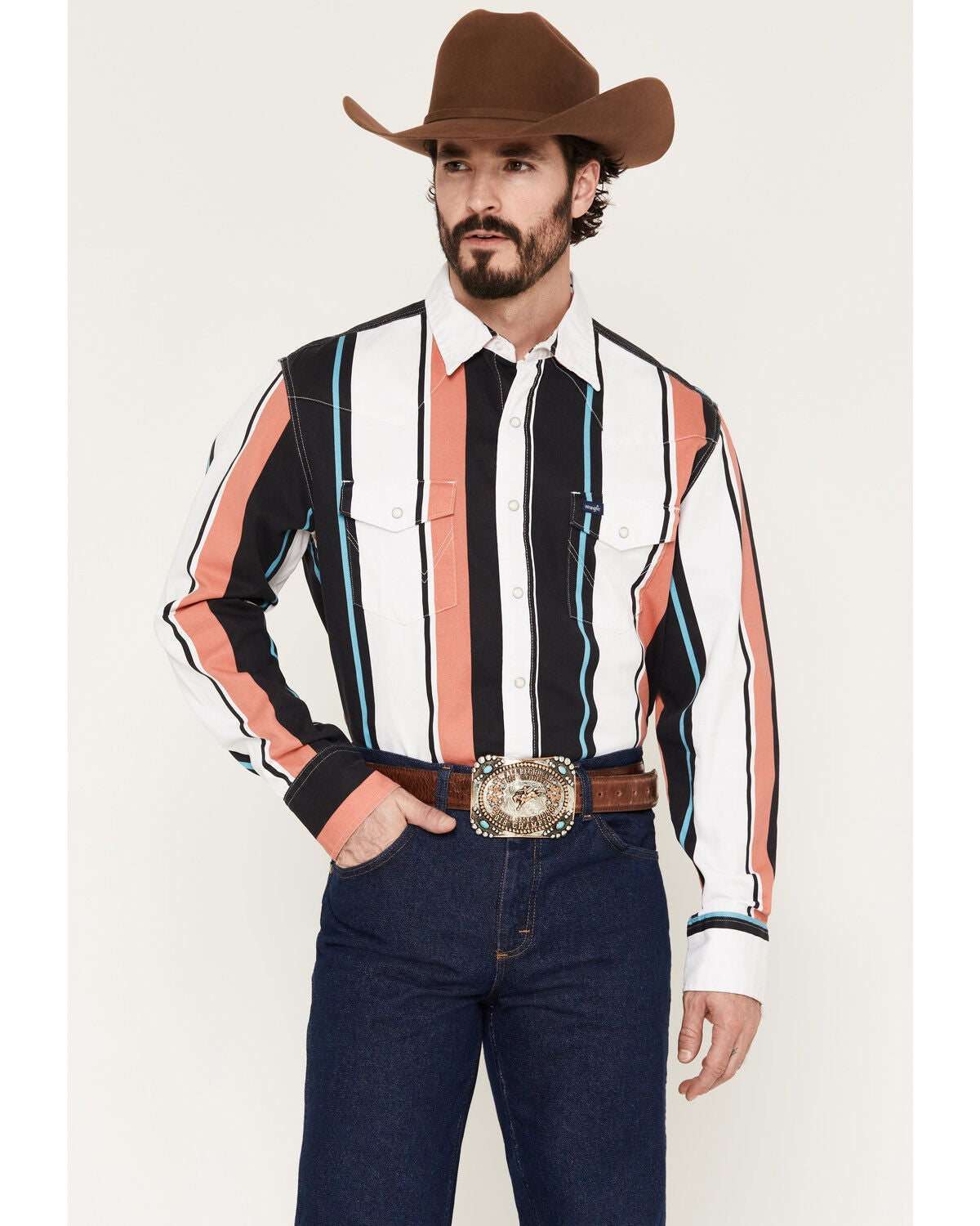 Image #1 - Wrangler Men's Brushpopper Striped Long Sleeve Snap Western Shirt, Black, hi-res