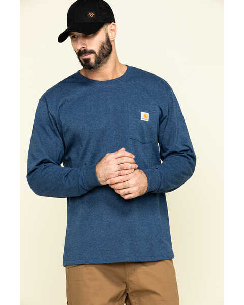 Image #1 - Carhartt Men's Loose Fit Heavyweight Long Sleeve Logo Pocket Work T-Shirt, Heather Blue, hi-res