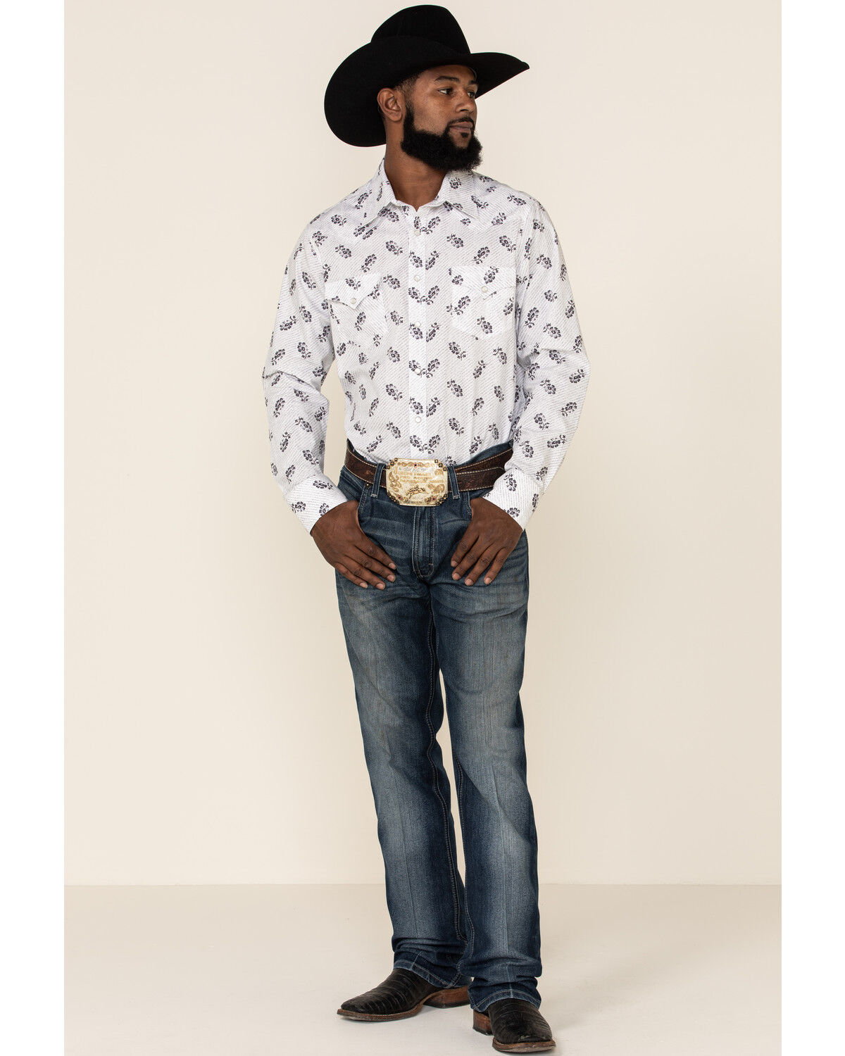 Image #2 - Rock & Roll Denim Men's White Floral Print Long Sleeve Western Shirt, , hi-res