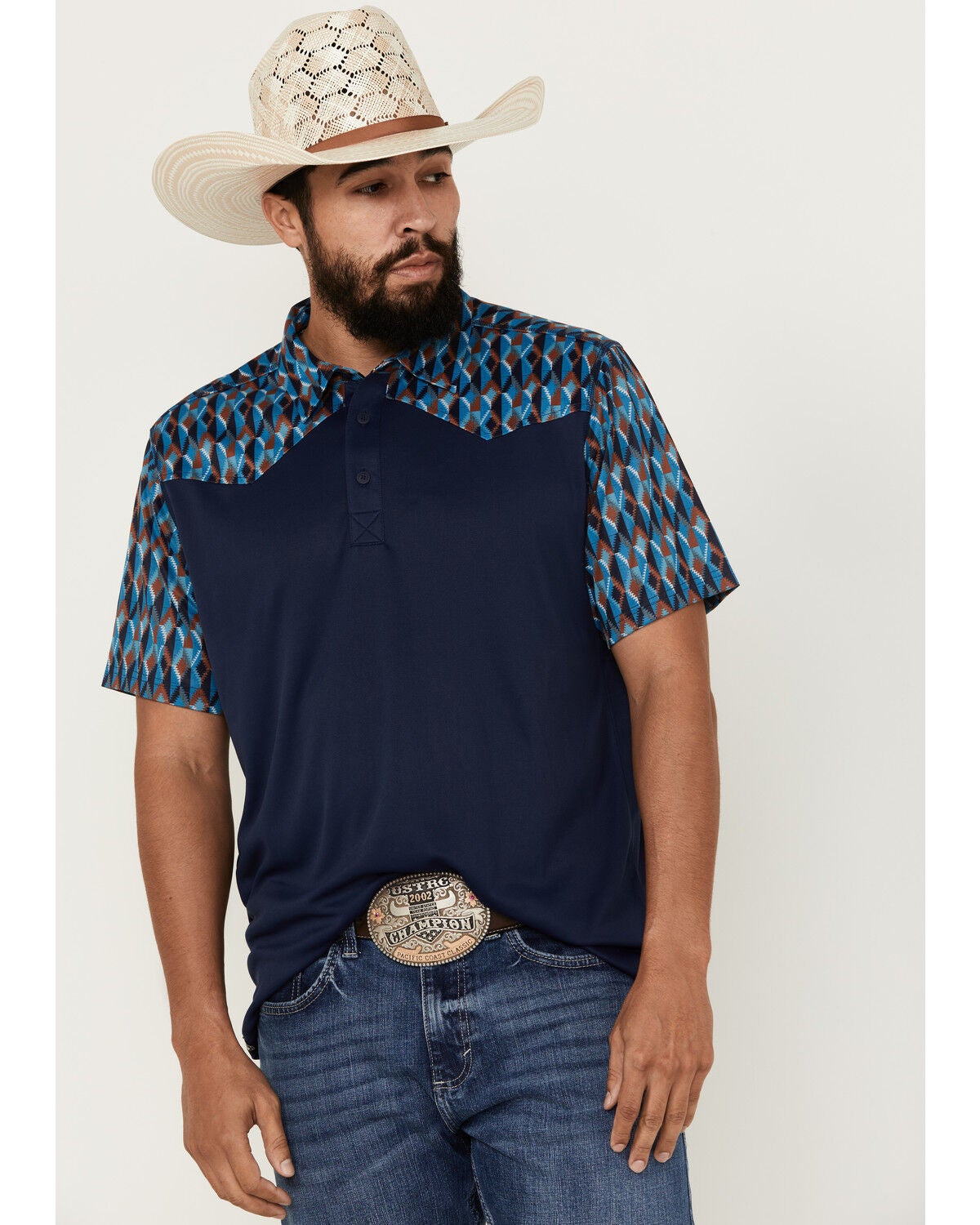 RANK 45&reg; Men's Denton Color Block Short Sleeve Button-Down Polo Shirt, Dark Blue, hi-res
