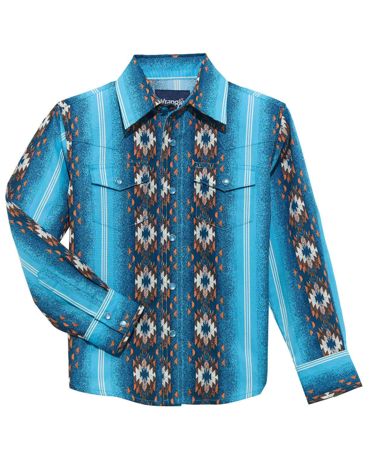 Image #1 - Wrangler Boys' Checotah Southwestern Striped Long Sleeve Pearl Snap Western Shirt, Blue, hi-res