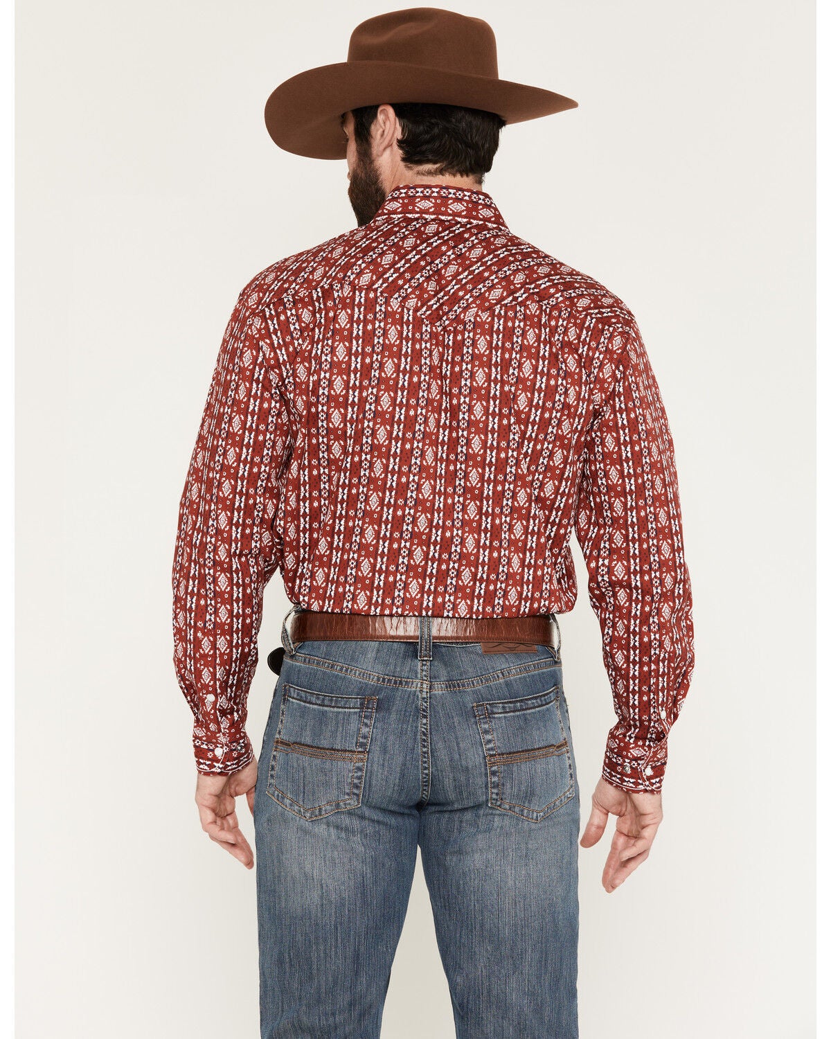 Image #4 - Panhandle Slim Men's Southwestern Print Long Sleeve Snap Stretch Western Shirt, Red, hi-res
