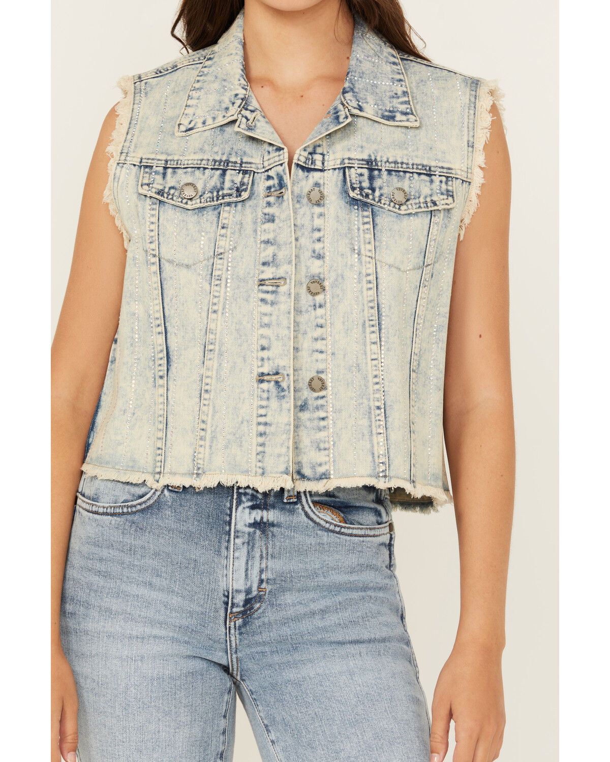 Image #3 - Veveret Women's Light Wash Denim Rhinestone Vest, Light Wash, hi-res