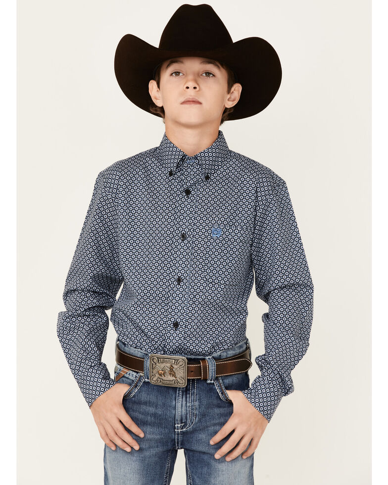 Cinch Boys' Black Dot Geo Print Long Sleeve Button-Down Western Shirt , Black, hi-res