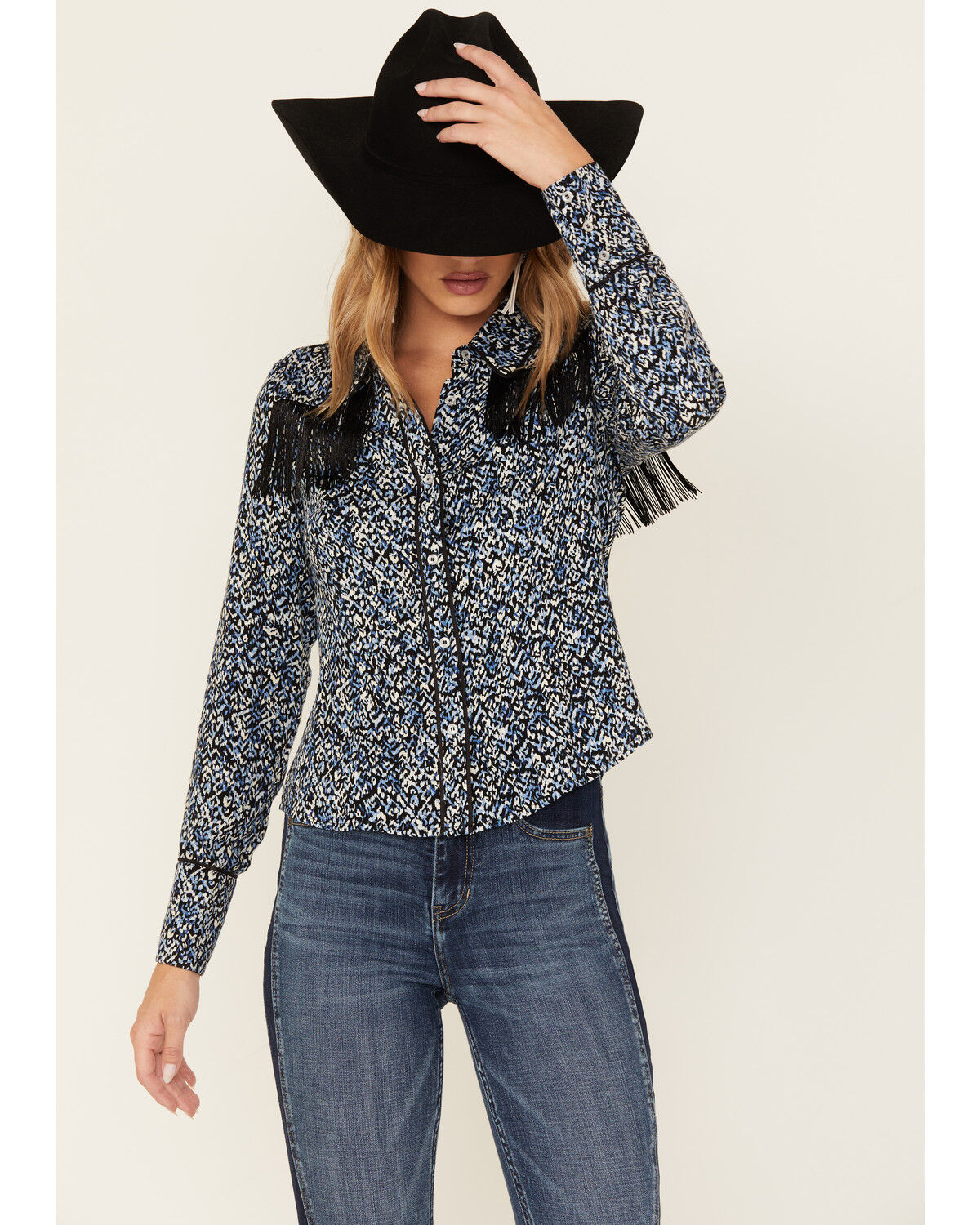 Image #1 - Idyllwind Women's Brooks Print Fringe Long Sleeve Button Down Shirt, Navy, hi-res