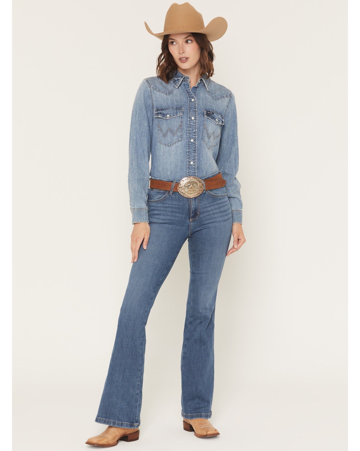 Wrangler Women's Elsie Medium Wash Bespoke High Rise Flare Stretch Denim Jeans, Medium Wash, hi-res