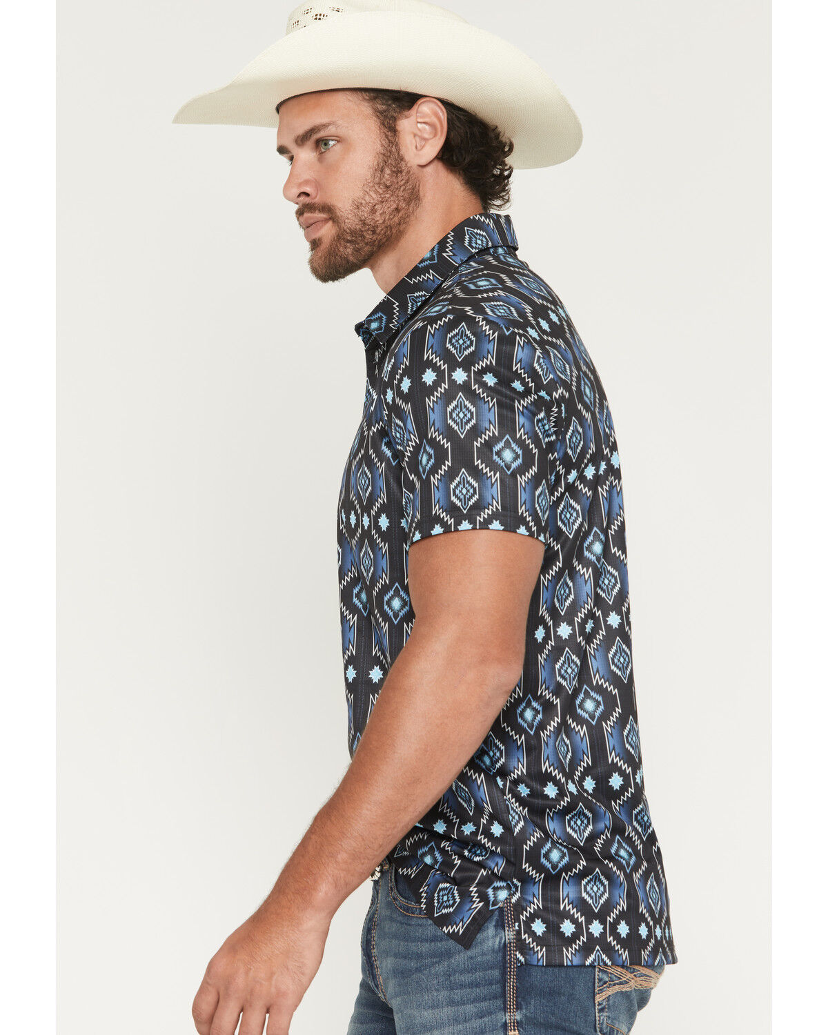 Image #2 - Rock & Roll Denim Men's Southwestern Print Short Sleeve Button-Down Stretch Polo Shirt, Blue, hi-res