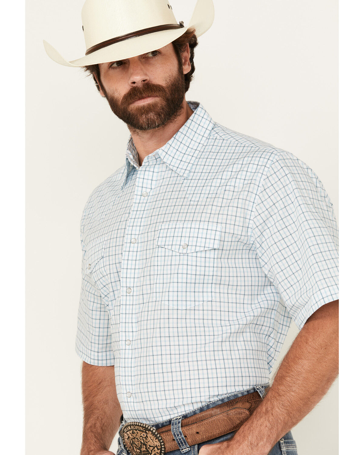 Image #2 - Wrangler Men's Plaid Print Short Sleeve Snap Western Shirt, White, hi-res
