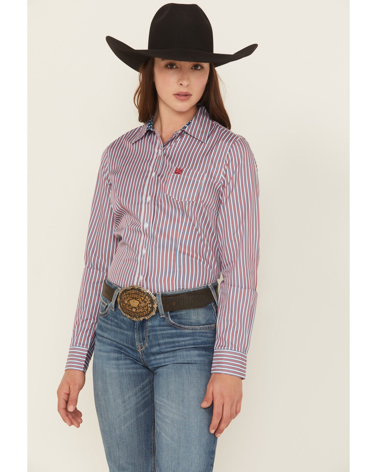 Cinch Women's TENCEL&trade; Striped Print Long Sleeve Button-Down Shirt, Purple, hi-res