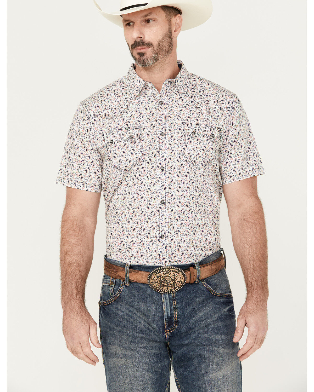 Image #1 - Moonshine Spirit Men's Banjo Paisley Print Short Sleeve Snap Western Shirt, Ivory, hi-res