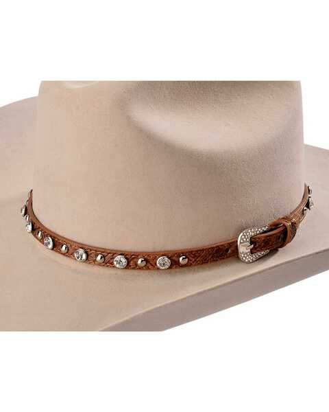 Faux Leather Rhinestone & Studded Hat Band, Brown, hi-res