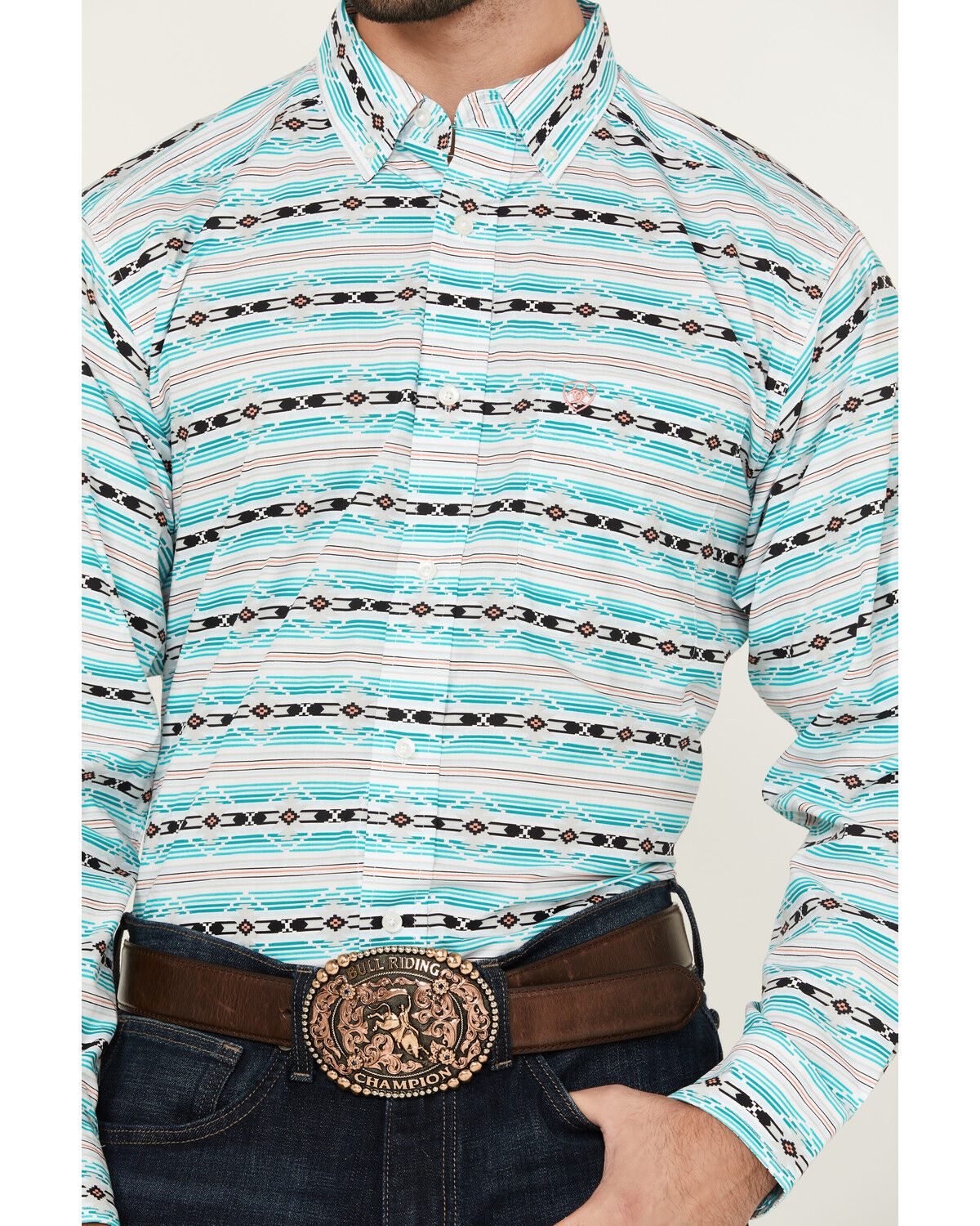Image #3 - Ariat Men's Jefferson Southwestern Striped Long Sleeve Button-Down Western Shirt - Tall, Turquoise, hi-res