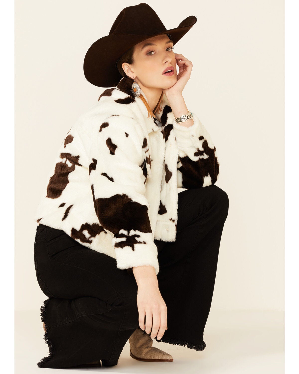 Image #1 - 26 International Women's Cow Print Snap-Front Crop Shirt Jacket, , hi-res