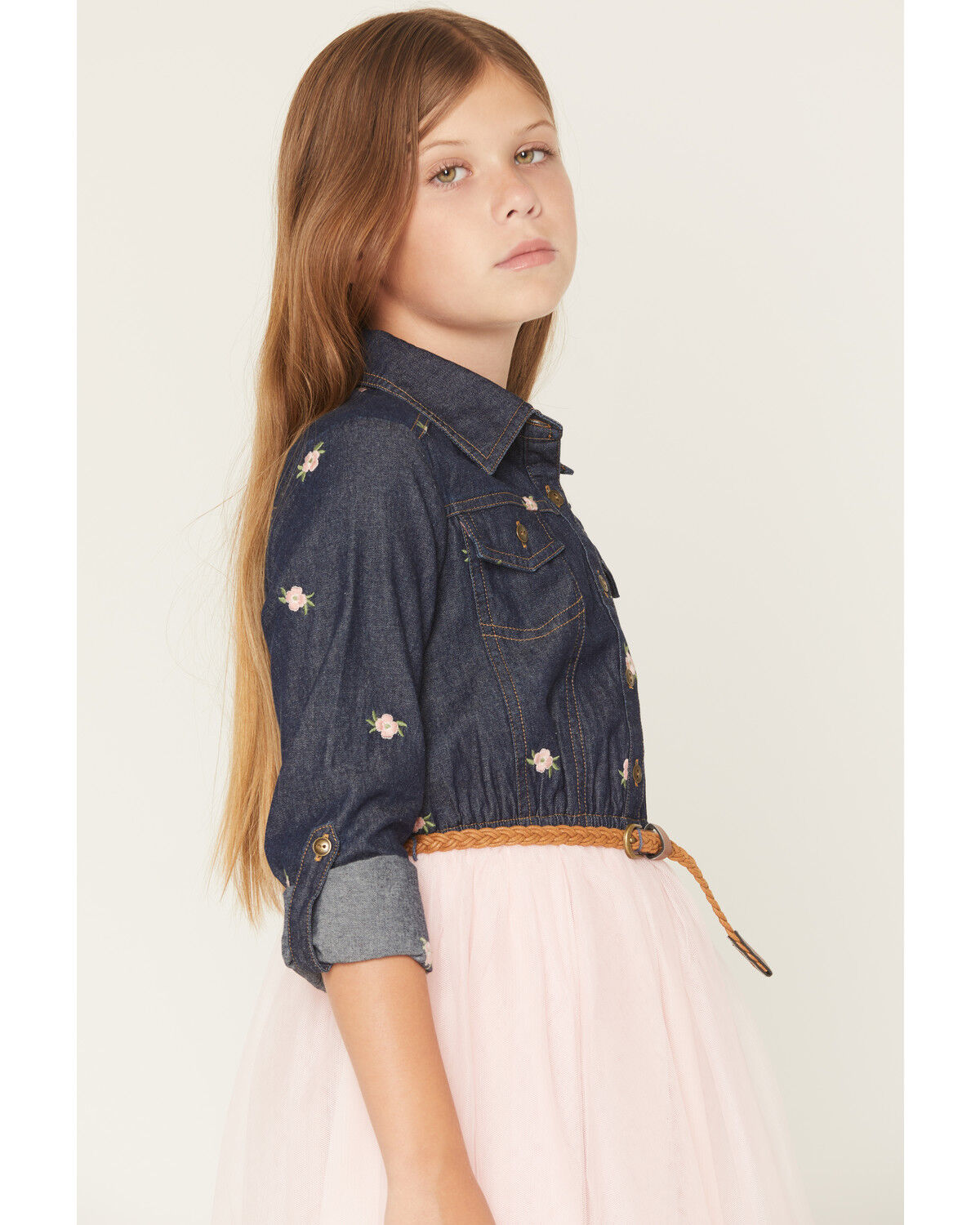 Image #2 - Sugar California Girls' Floral Embroidered Long Sleeve Button-Down Denim Tutu Dress, Multi, hi-res