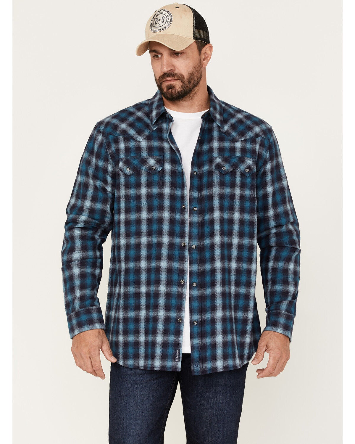Moonshine Spirit&reg; Men's Ombre Plaid Print Long Sleeve Snap Western Flannel Shirt, Navy, hi-res