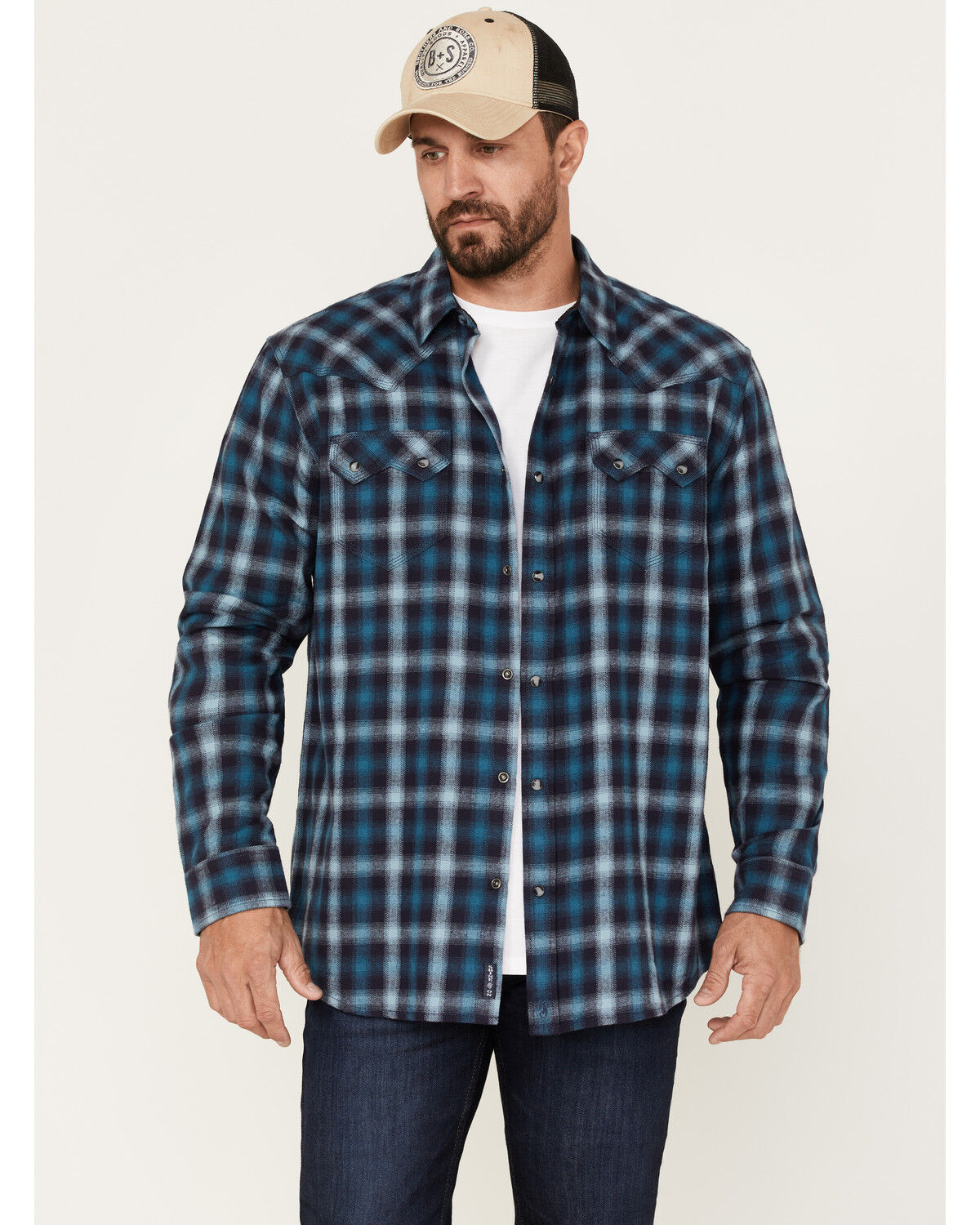 Image #1 - Moonshine Spirit Men's Ombre Plaid Print Long Sleeve Snap Western Flannel Shirt, Navy, hi-res