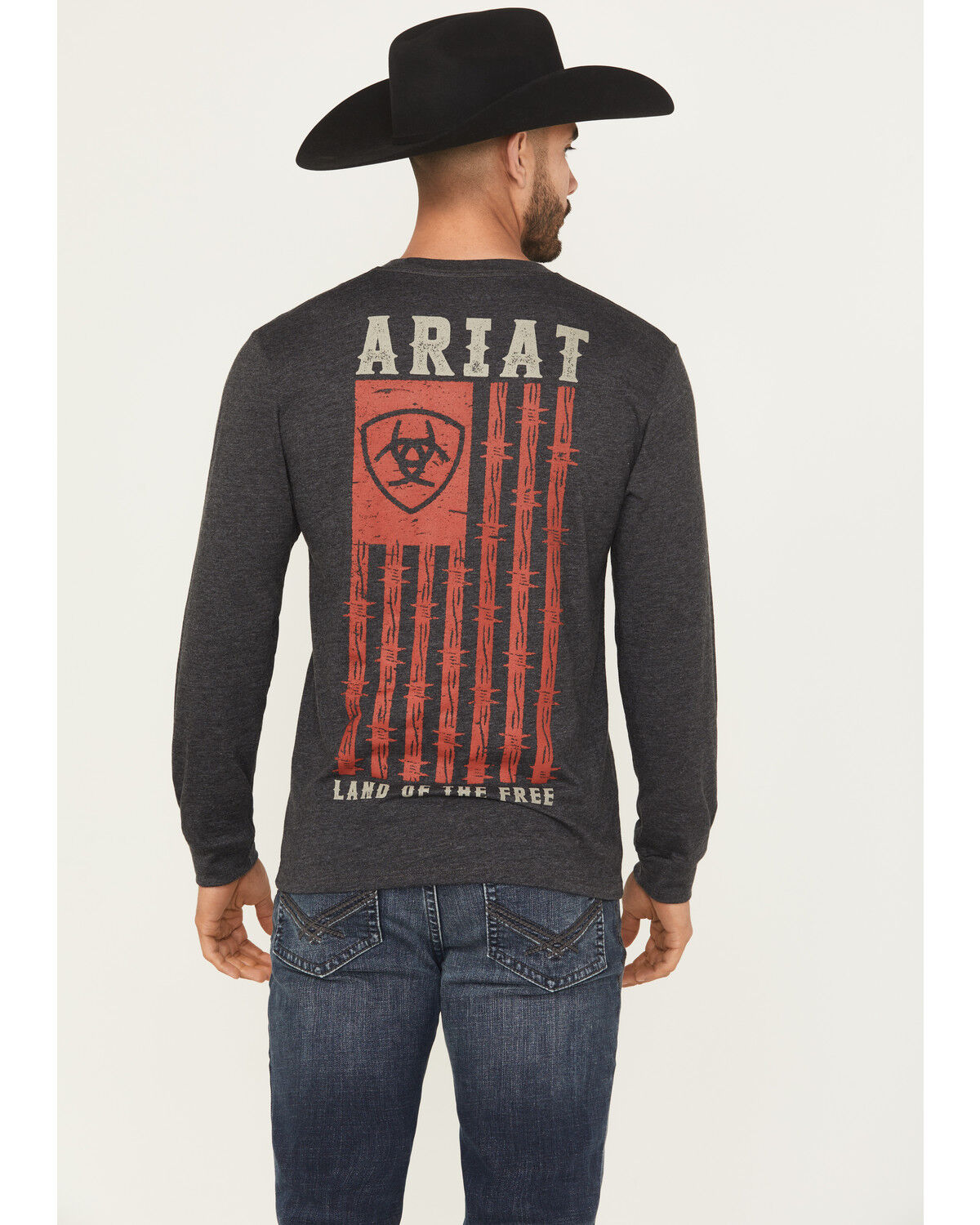 Image #1 - Ariat Men's Barbed Flag Logo Long Sleeve Graphic T-Shirt, Charcoal, hi-res