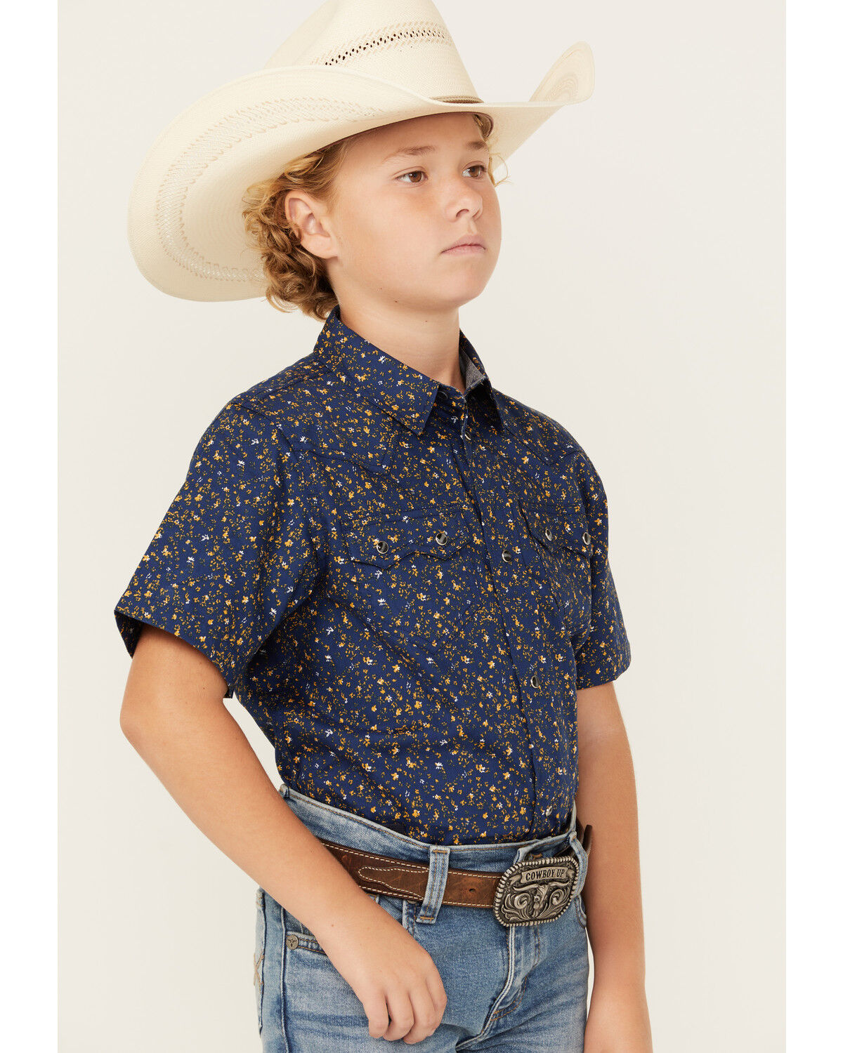 Image #2 - Cody James Boys' Meadowlark Floral Print Short Sleeve Snap Western Shirt, Navy, hi-res