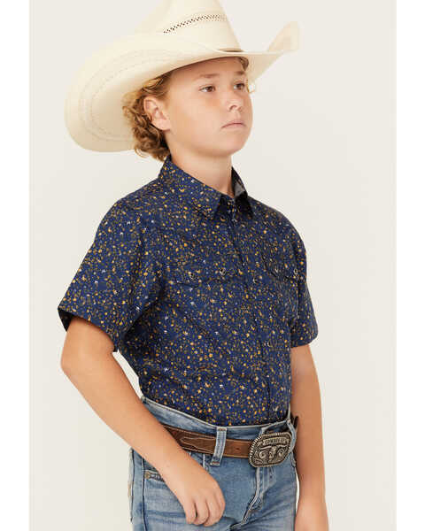 Image #2 - Cody James Boys' Meadowlark Floral Print Short Sleeve Snap Western Shirt , Navy, hi-res