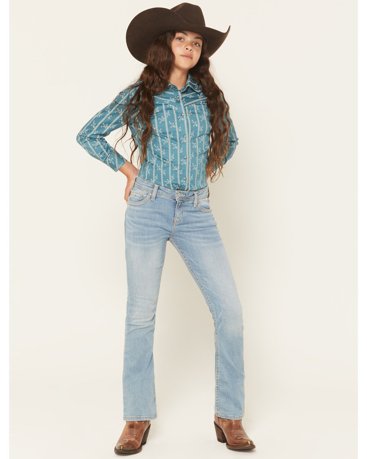 Image #1 - Shyanne Girls' Light Wash Shayla Bootcut Stretch Denim Riding Jeans, Light Wash, hi-res