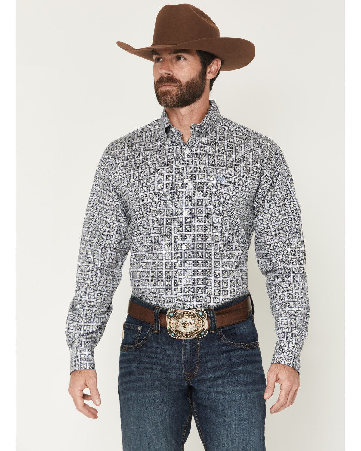 Image #1 - Cinch Men's Geo Print Long Sleeve Button-Down Western Shirt, Navy, hi-res