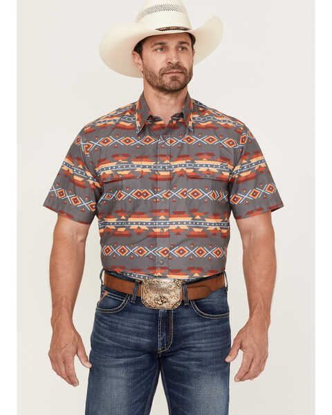Tin Haul Men's Fire Southwestern Print Short Sleeve Snap Western Shirt , Grey, hi-res