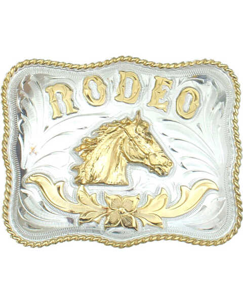 Western Express Men's Rodeo Horsehead German Silver Belt Buckle , Silver, hi-res